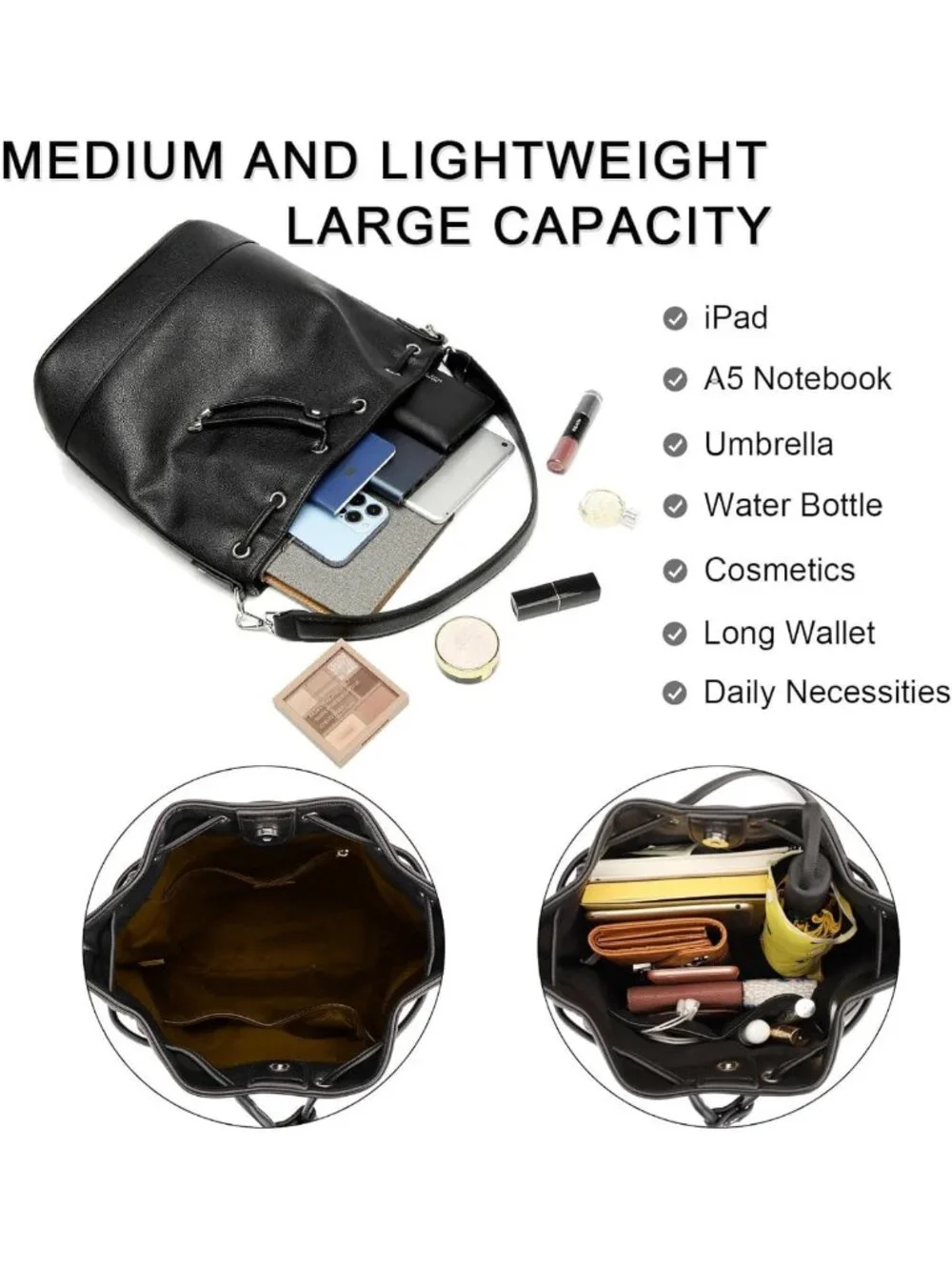 Stylish Leather Bucket Bag & Drawstring Crossbody Purse for Women - Medium Tote